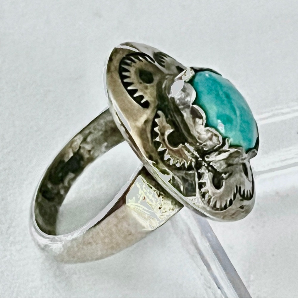 Signed, Southwestern Stamped Turquoise Sterling Silver Ring